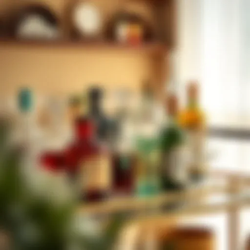 Artful Glassware Arrangement Elegantly arranged bar cart showcasing an artistic display of glassware and spirits