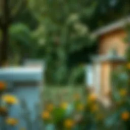 A thriving apiary nestled in a lush backyard, showcasing multiple bee hives.
