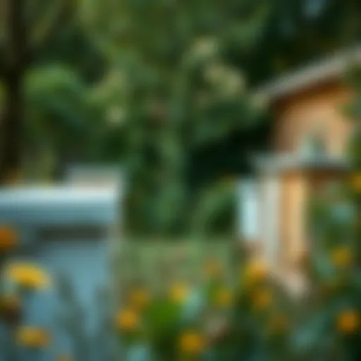 A thriving apiary nestled in a lush backyard, showcasing multiple bee hives.