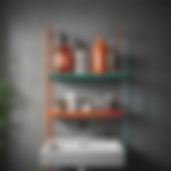 Colorful tiered shelving unit for bathroom organization