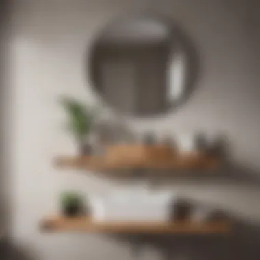 Stylish wooden shelf with decorative items in a chic bathroom