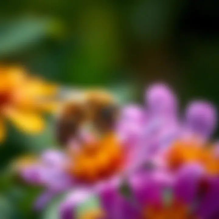 Bees at Work in Pollination Close-up of bees pollinating vibrant flowers, highlighting their ecological importance.