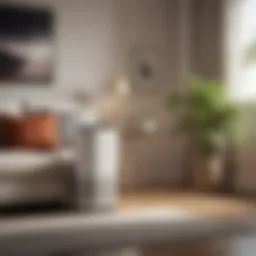 A sleek HEPA air purifier in a modern living room setting, showcasing its design and functionality.