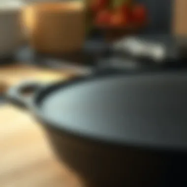 Close-up of the smooth finish of a cast iron skillet highlighting its craftsmanship.