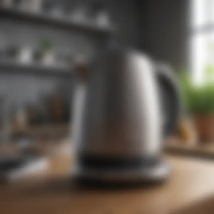 A compact electric kettle with energy efficiency features highlighted