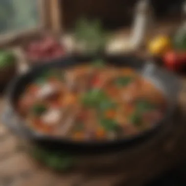 An iron skillet presented on a rustic wooden table with fresh ingredients around it