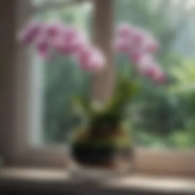 Arrangement of different orchid species on a windowsill.