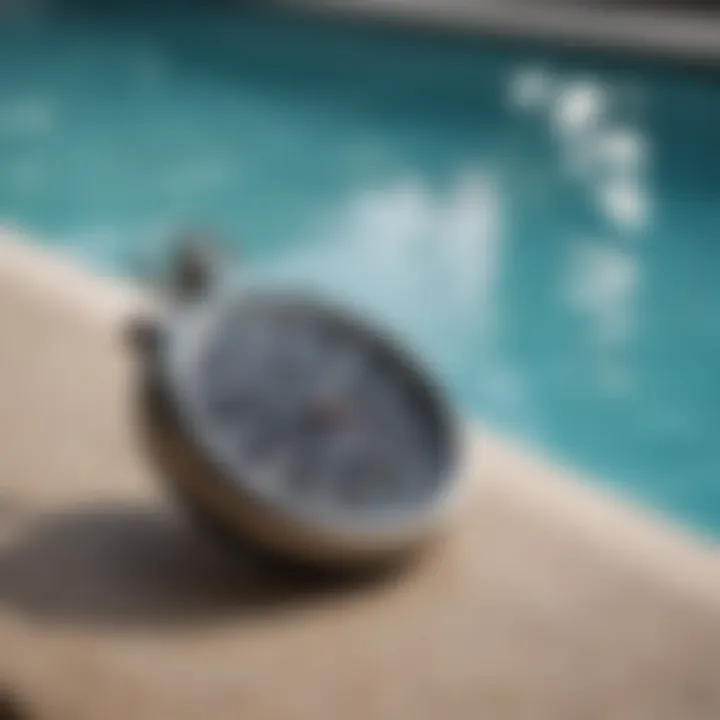 A stopwatch showing elapsed time next to a swimming pool