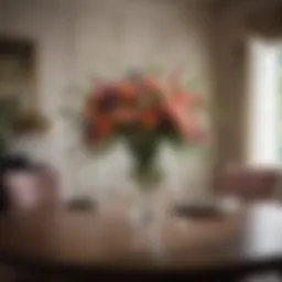 Elegant floral arrangement in a glass vase accentuating a large dining table