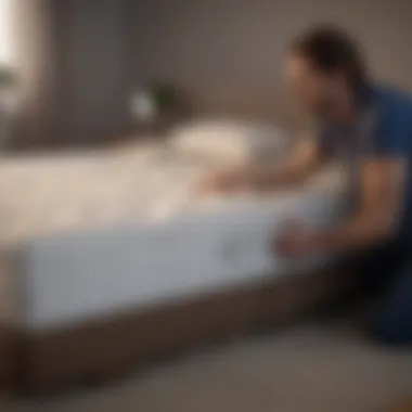 Person examining mattress with thoughtful consideration