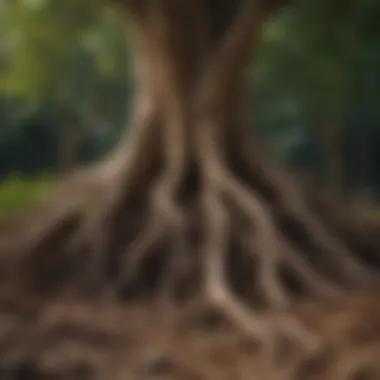 Close-up of a tree's root system and surrounding soil