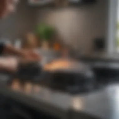 Demonstrating a cleaning technique on a flat top stove