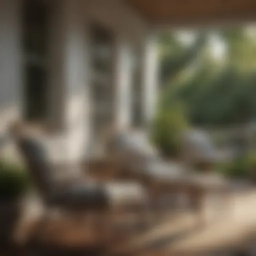 A beautifully arranged porch with stylish chairs overlooking a garden.