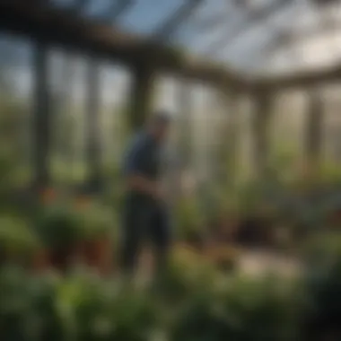 A gardener using advanced technology for monitoring greenhouse conditions.