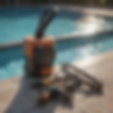 Close-up of swimming pool maintenance tools and equipment