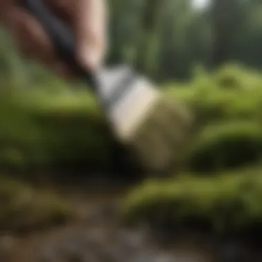 Hand-held brush gently removing moss from a surface