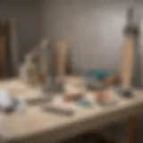 Various Sheetrock patching tools displayed on a workbench