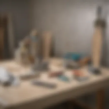 Various Sheetrock patching tools displayed on a workbench