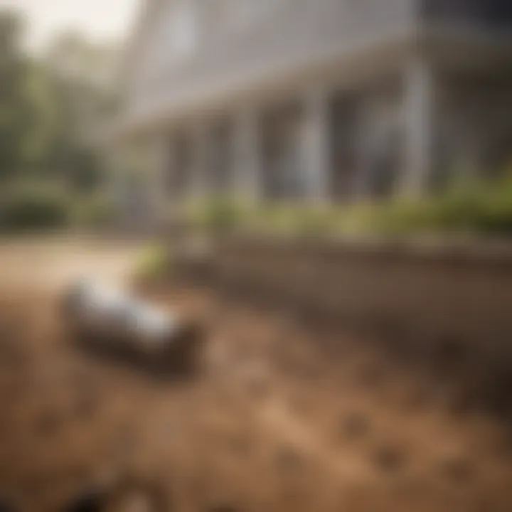 A close-up of a chemical treatment being applied in a targeted manner around a home's foundation