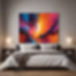 Vibrant abstract painting above a modern bed