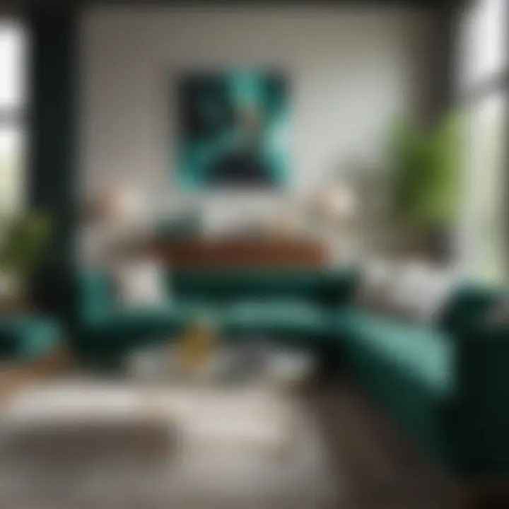Contemporary living room featuring an emerald green couch as a focal point