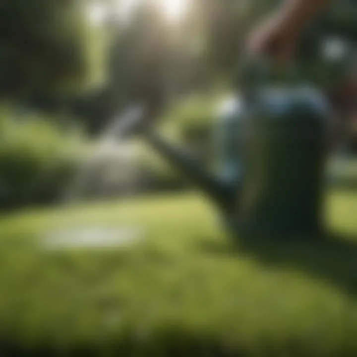 Watering can gently watering grass in a garden