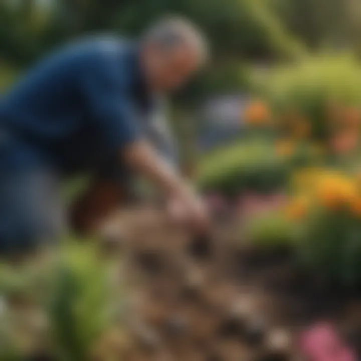 A gardener planting late summer bulbs