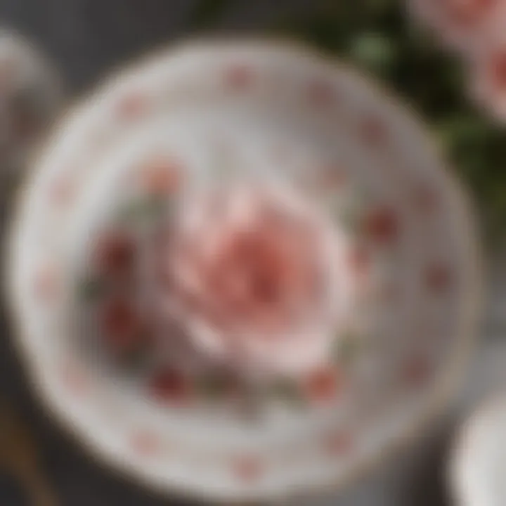 Close-up of intricate floral patterns on Dawn Rose fine china