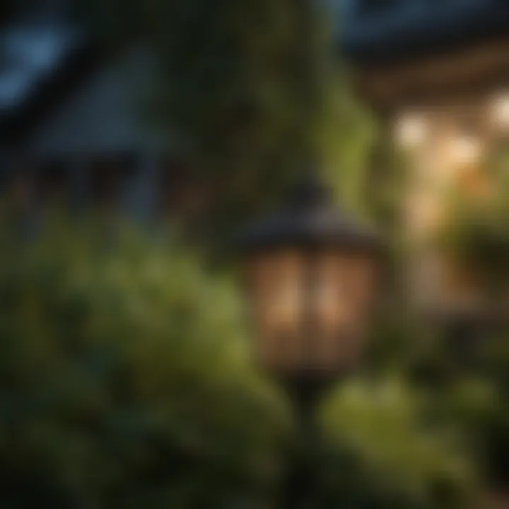 Close-up view of a decorative hanging solar light surrounded by plants.