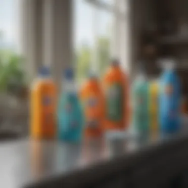 A variety of cleaning products on a countertop