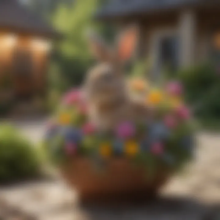 Outdoor Easter display featuring vibrant floral arrangements and bunny decor