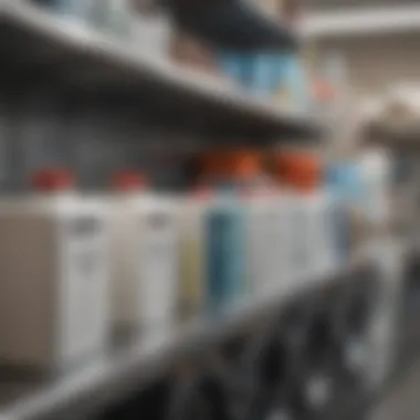 Commercial laundry products lined up on a shelf