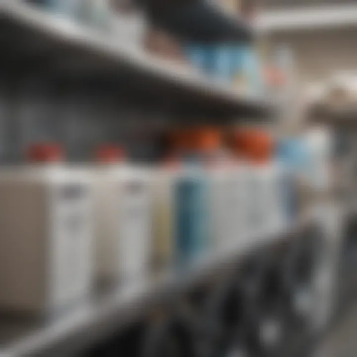 Commercial laundry products lined up on a shelf