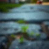A close-up view of weeds growing through pavement cracks