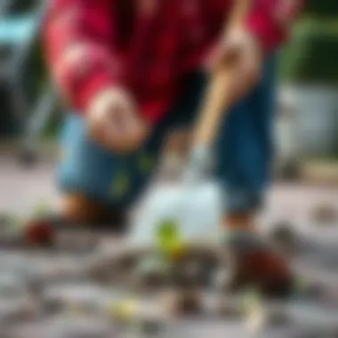 Manual Weed Removal Techniques Manual removal of weeds from a paved area