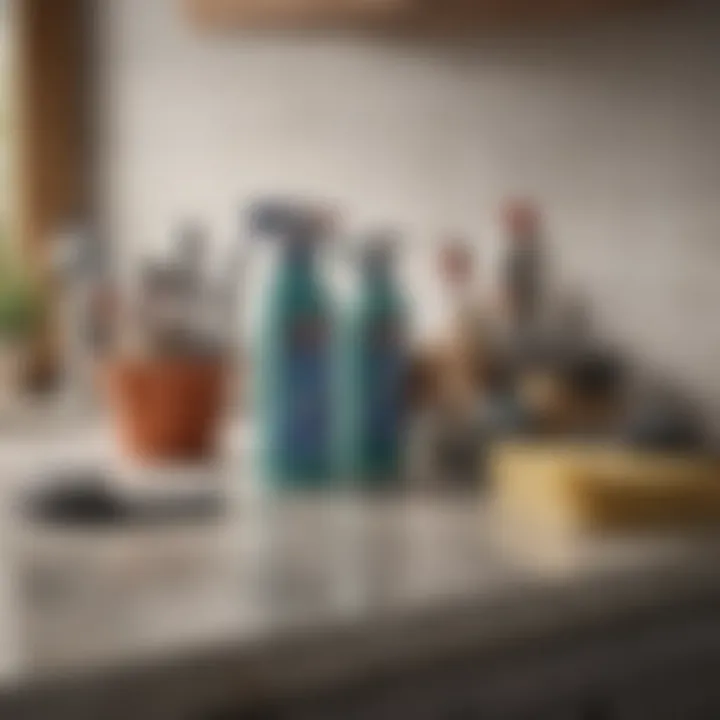 Various cleaning supplies arranged on a countertop