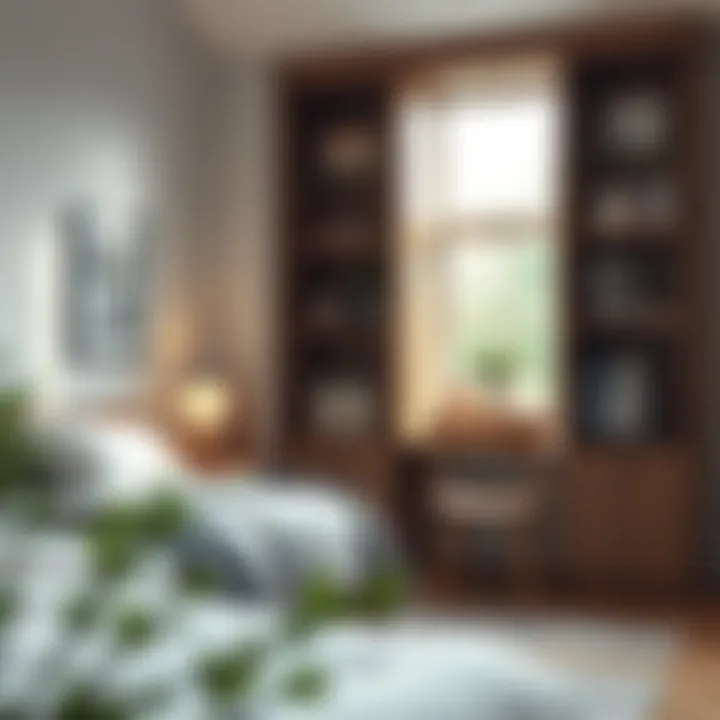 A serene bedroom designed with effective storage options and calming aesthetics.