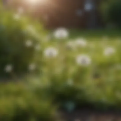 A close-up of dandelion leaves and flowers in a lawn