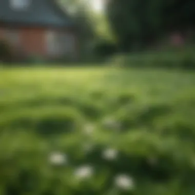 A lush green lawn with patches of clover visible