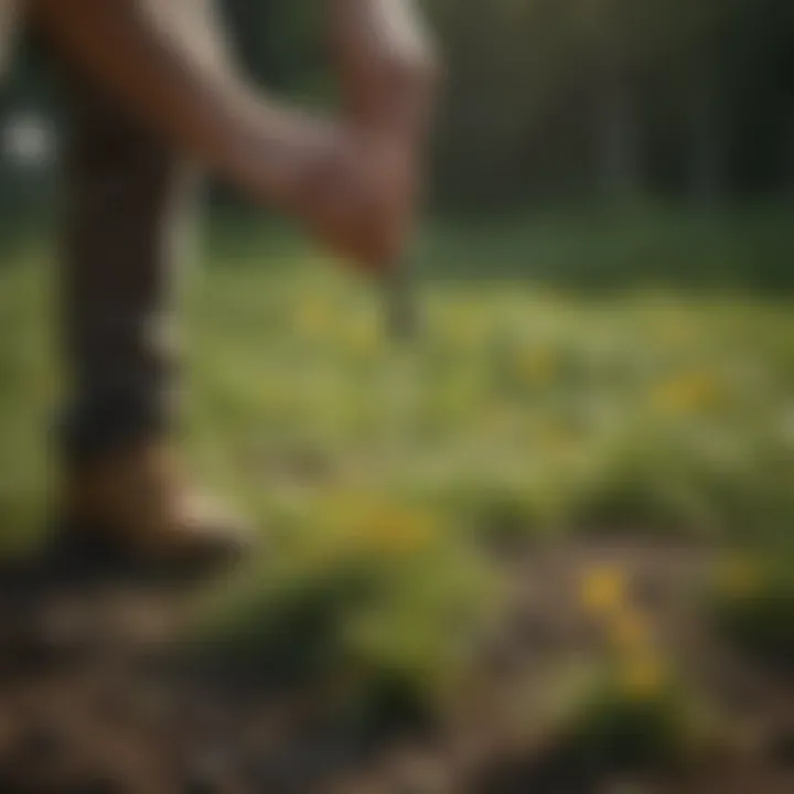 Manual removal of dandelions with a tool