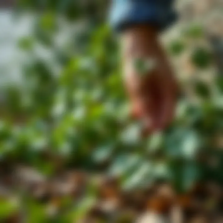 Hand pulling English ivy from the ground