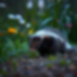 A skunk foraging in a garden at dusk