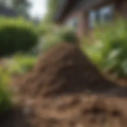 A close-up view of a molehill in a residential garden, showcasing the soil displacement caused by moles.