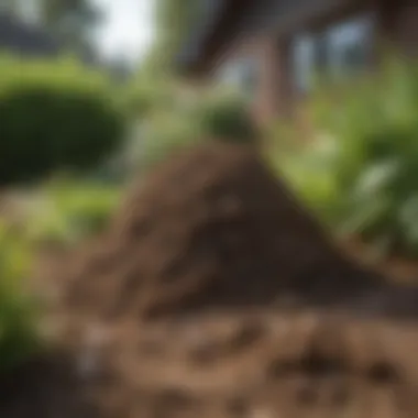 A close-up view of a molehill in a residential garden, showcasing the soil displacement caused by moles.