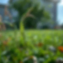 Close-up of healthy grass contrasting with invasive weeds