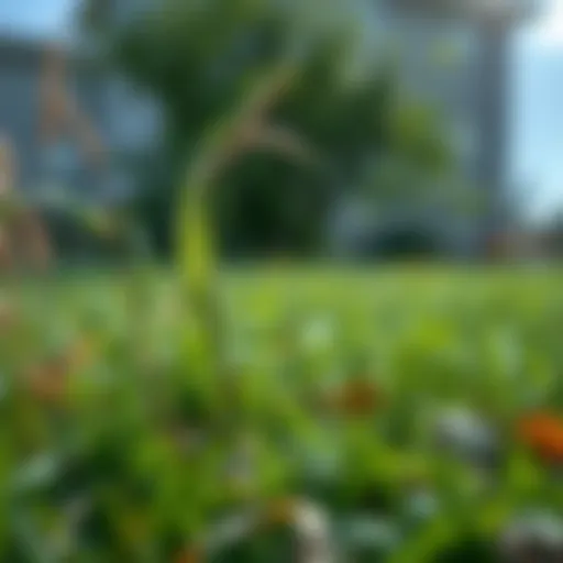 Close-up of healthy grass contrasting with invasive weeds