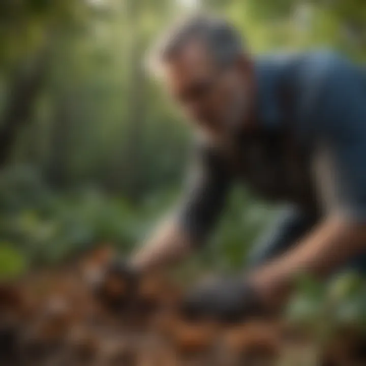 Gardener inspecting leaves for pests
