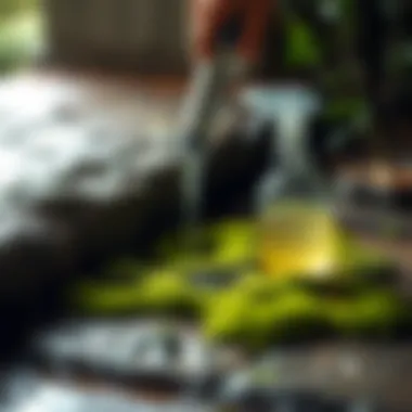 Eco-friendly cleaning solution being applied to moss