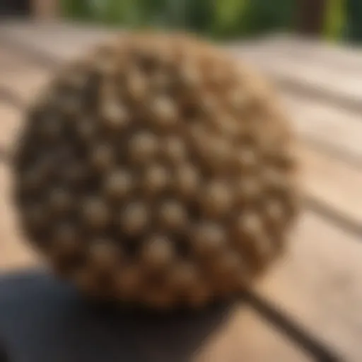 Close-up of a wasp nest on a deck