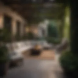 A beautifully designed patio with elegant furniture and lush greenery